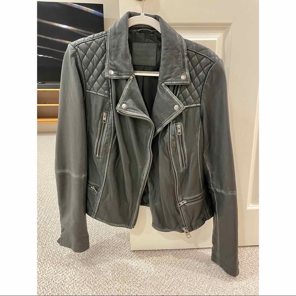 All Saints Black-Gray Cargo Leather Biker Jacket - Picture 3 of 11